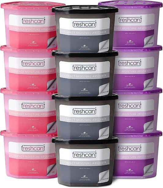 Moisture Absorber Bundle, Room and Closet Freshener, Moisture and Odor Absorber for Home, Rooms, Basement, Garage, Prevent Musty Odor, Control Moisture, Pack of 12, Rose, Lavender & Charcoal
