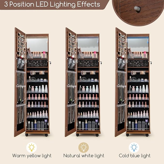 GOFLAME Jewelry Cabinet with Full Length Mirror, Lockable Jewelry Storage Organizer with Wheels, 3-Color LED Lights, Inner Mirror, Freestanding Jewelry Armoire with Rear Storage Shelves, Walnut