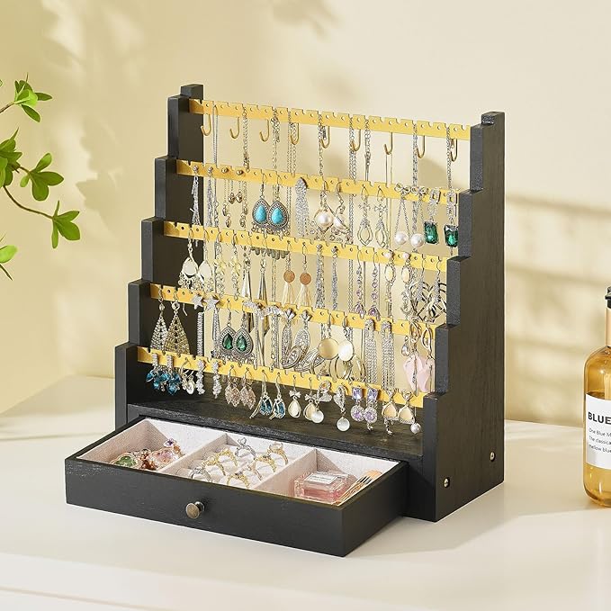Pinzoveco Earring Organizer, 5 Layer Earring Holder Organizer with Metal Necklace Holder Pole, Rustic Wood Jewelry Organizer Stand Display for Stud Earring Bracelet Necklace Ring, 175 Earring Holes