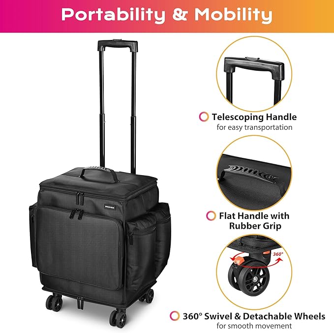 BYOOTIQUE Rolling Makeup Train Case Soft Sided Travel Cosmetic Organizer Storage 1680D Nylon Fabric Trolley Suitcase Mobile Barber Station, Black