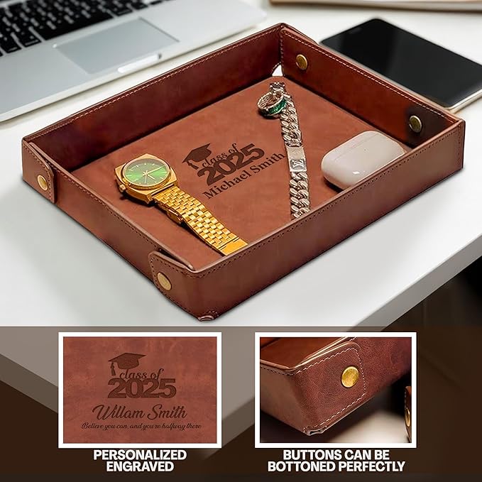 Personalized Light Coffee PU Leather Valet Tray – Custom Engraved Catchall for Desk, Dresser, or Nightstand – Compact Organizer for Keys, Wallet, Jewelry – Unique Gift for Him or Her