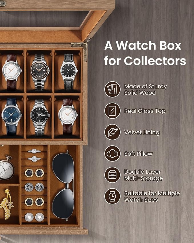 Uten 12-Slot Watch Box, 2-Layers Solid Wood Watch Display Case with Glass Lid, Watch Holder Organizer with Soft Pillow and Velvet Lining, Watch and Jewelry Storage Box, Brown