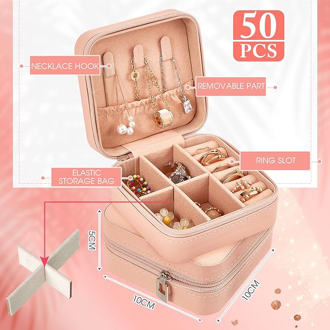 Taiyin 50 Pcs Travel Jewelry Case, Valentines Day Gifts for Her- Small Jewelry Organizer Box Bridesmaid Gifts for Women Girls (Pink)