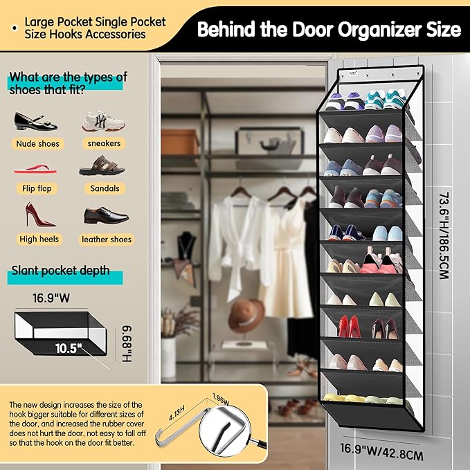 10 Tier Hanging Shoe Rack - Heavy Duty Behind The Door Hanging Shoe Rack, Sturdy Oxford Cloth, 20+ Pairs Over The Door Shoe Cabinet for Boots and Sneakers - Save 50% Closet Space! (Piano White)