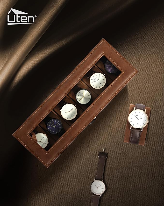 Uten 6 Slots Watch Box, PU Leather Watch Case with Glass Lid, Watch Holder Organizer with Soft Pillow and Velvet Lining, Watch and Jewelry Storage Box, Brown