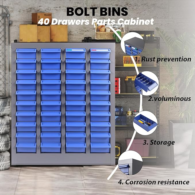 40 Drawer Parts Cabinet, Blue Nut and Bolt Organizer, ABS Material Bolt Organizer Storage, Nuts and Bolts Organizers with Shelf and Label, Bolts Bins for Tool Hardware Storage