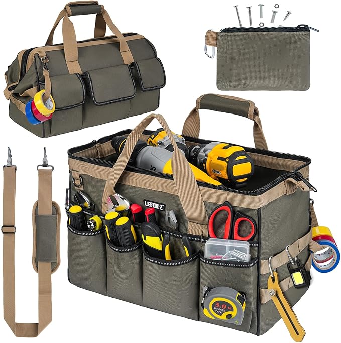 Tool Bag,16-Inch Heavy Duty Tool Bags for Men,27 Pockets Tool Box Organizer Storage,Wide Mouth Toolbag Tools Tote Carrying Case for Dad,Mechanic,Electrician,Bag Only