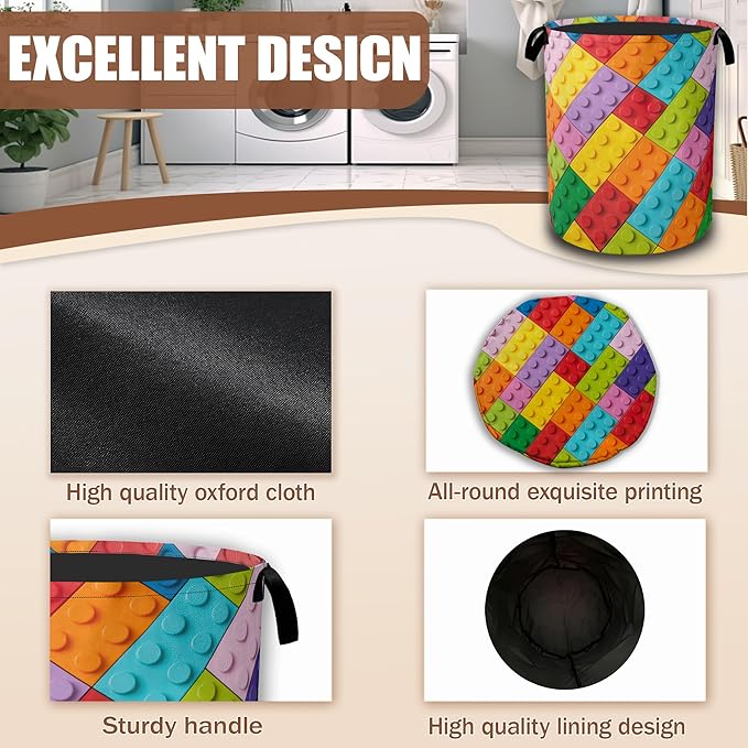 Colorful Building Blocks Laundry Basket,Waterproof Foldable Laundry Hamper,Dirty Clothes Baskets, Linen Bin Storage Organizer Collection 16" x 20.8"