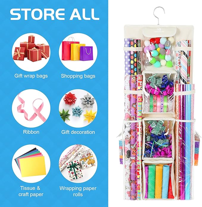 Freegrace Double Sided Hanging Gift Wrap Organizer | Large 16" x 41" Wrapping Paper Rolls Storage Bag | Tearproof & Space Saving Closet Gift Bag Organization Solution (Beige)