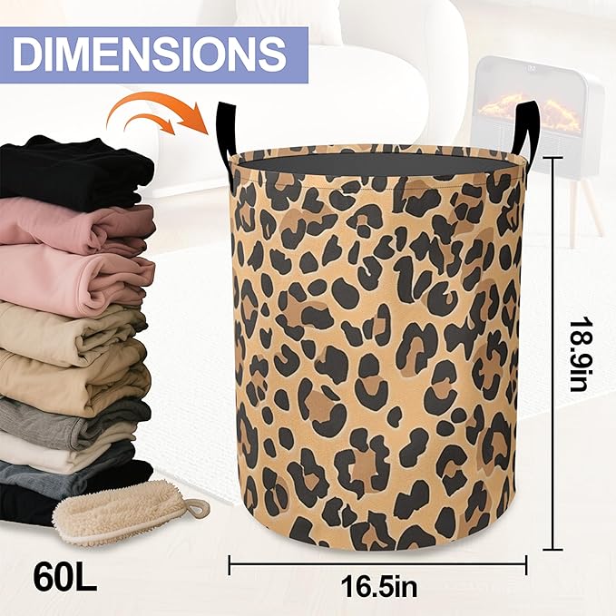 Retro Leopard Print Laundry Hamper Large Canvas Fabric Lightweight Storage Basket/Dirty Clothes Collapsible Waterproof for College Dorms, Boys and Girls Bedroom,Bathroom