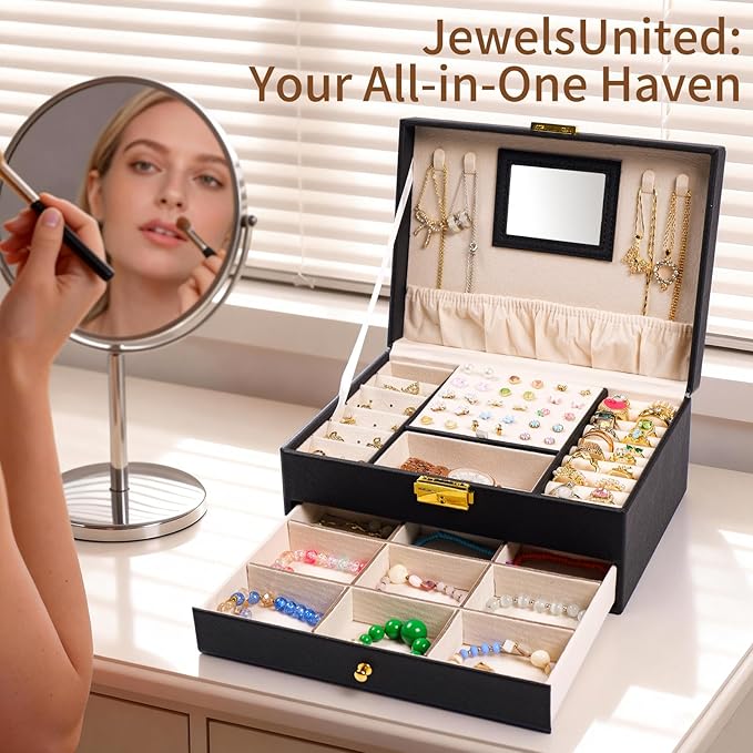 Jewelry Box, 2 Layer Jewelry Organizer with Velvet Earring Organizer, Jewelry Holder Organizer Travel, White Jewelry Boxes for Women, Jewelry Boxes & Organizers for Girls, Black