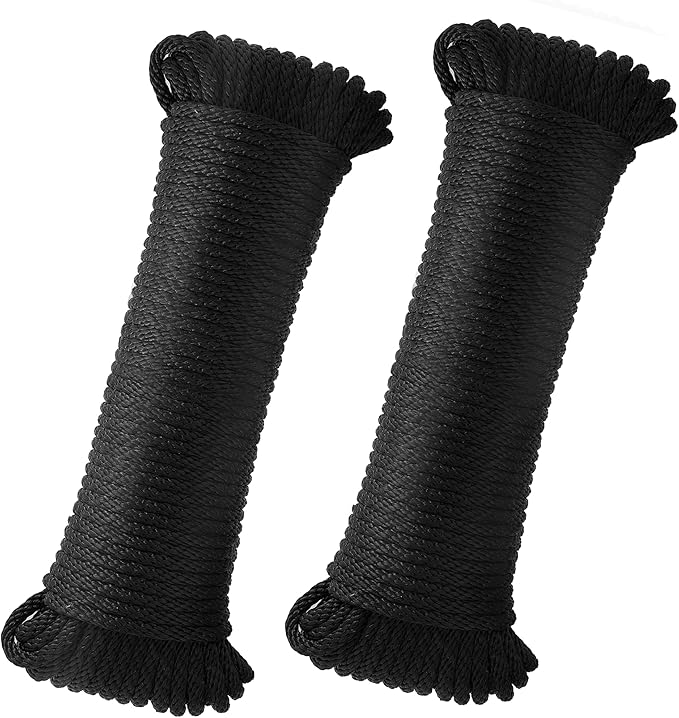 1/4 Inch 100 ft Braided Polypropylene Rope, High Strength Utility Cord for Boat Marine Camping and Flag Pole, Indoor and Outdoor Use, Black, 2Pack