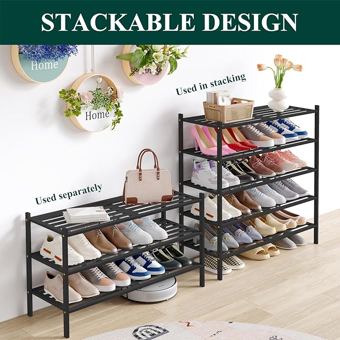 Smiry Long Bamboo Shoe Rack 2-Tier, Stackable Wooden Shoe Organizer for Entryway & Closet, Free Standing Wood Shoe Storage Shelf for Front Door & Small Spaces, Black