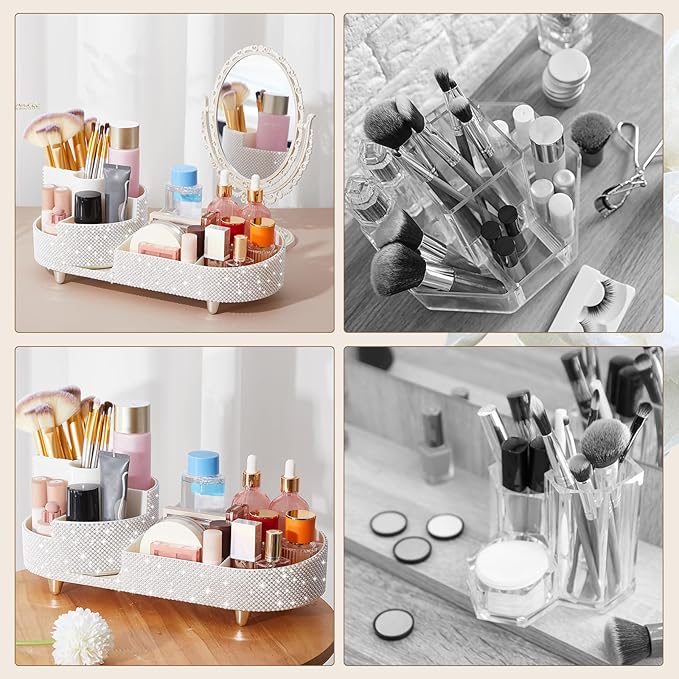 Teen Girls Women Gift 360 Rotating Bling Makeup Organizer Large Rhinestone Diamond Bathroom Organizer Girly Skin Care Brush Holder for Countertop,Bathroom Essentials(White,Pearl)