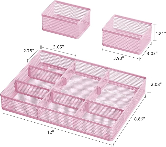 Marbrasse 3 Packs Desk Drawer Organizers, Metal Mesh Dividers with 9 Adjustable Compartments, Pen Organizer for Drawer Tray Box Accessories for Desktop,Kitchen, Makeup(Pink)