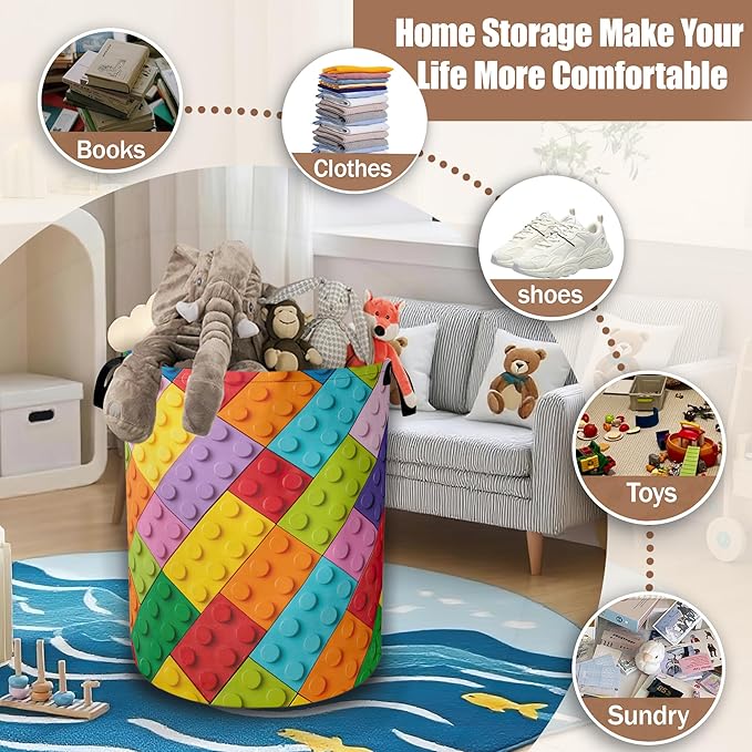 Colorful Building Blocks Laundry Basket,Waterproof Foldable Laundry Hamper,Dirty Clothes Baskets, Linen Bin Storage Organizer Collection 16" x 20.8"