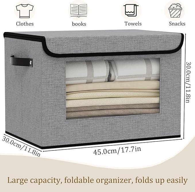 Storage Bins with Lids, Decorative Linen Storage Boxes, 17.7 x 11.8 x 11.8 Inch Closet Organizers for Shelves with Handles, Gray, 3-Pack