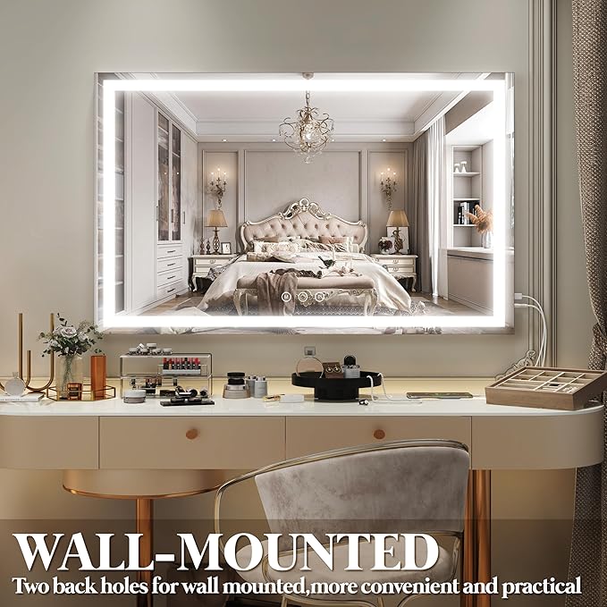 FENNIO Large Vanity Mirror with Lights，40" x 28"Makeup Mirror with Lights，Hollywood Mirror with 3 Color Modes & Adjustable Brightness，Vanity Mirror Square White