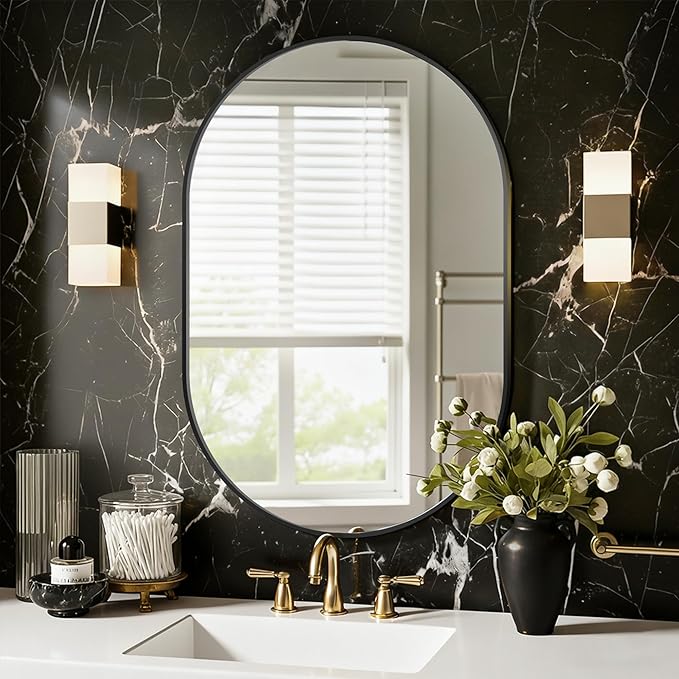 Oval Bathroom Mirror for Wall, 24"x36" Bathroom Vanity Mirror for Over Sink, Bedroom, Living Room, Entryway, Metal Frame & HD Shatterproof Glass, Wall Mounted Horizontally or Vertically(Black)