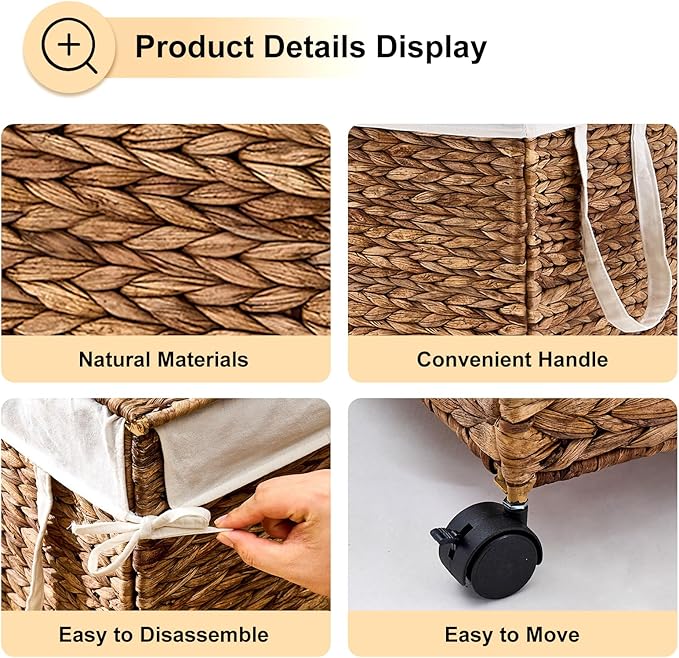 Laundry Hamper with Lid, Large Capacity Woven Natural Water Hyacinth Laundry Sorter with Removable Liners, Rolling or Non-Slip Design for Bedroom (Espresso, 100L)