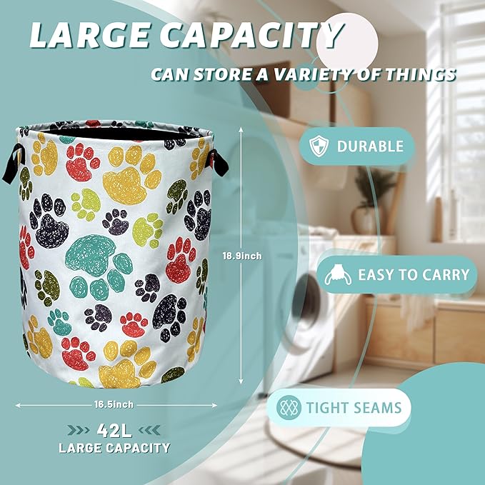 Colorful Dog Paw Laundry Basket With Handles Oxford Cloth Tote Bag Animal Laundry Hamper 18.9" x 16.5" Foldable Clothes Storage Bucket Toy Organizer For Bathroom/Laundry/Bedroom