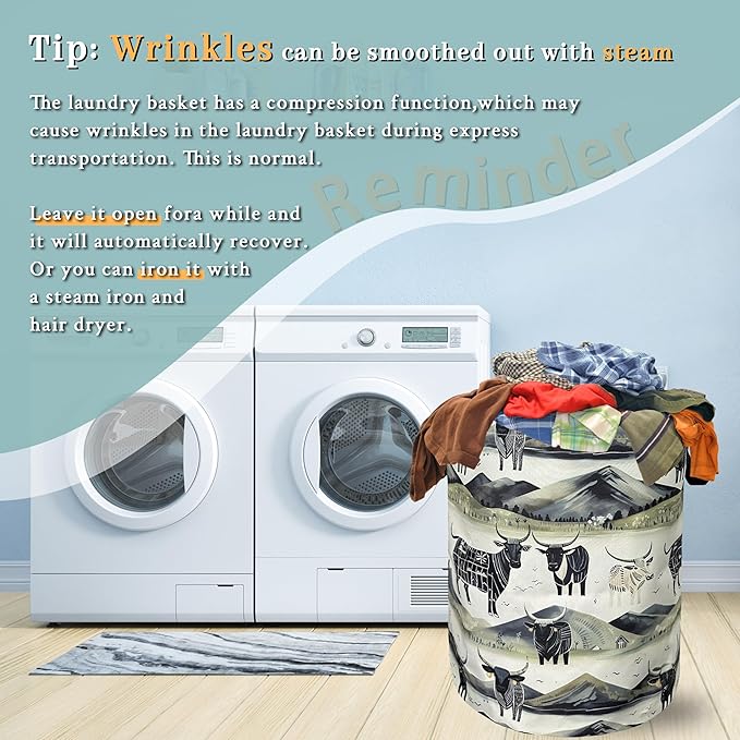 Retro Highland Cattle Laundry Basket With Handles Oxford Cloth Tote Bag Colorful Laundry Hamper 18.9"x16.5 "Foldable Clothes Storage Bucket Organizer For Bathroom/Laundry/Bedroom