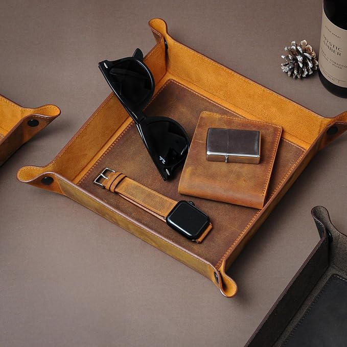 Handmade Leather Catch All Tray, Customizable Handcrafted Genuine Leather Valet Tray and Organizer for Keys, Phones, Jewels, Coins, Square - Medium, Grey