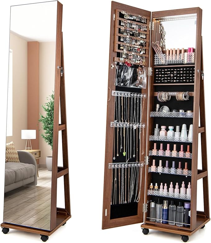GOFLAME Jewelry Cabinet with Full Length Mirror, Lockable Jewelry Storage Organizer with Wheels, 3-Color LED Lights, Inner Mirror, Freestanding Jewelry Armoire with Rear Storage Shelves, Walnut