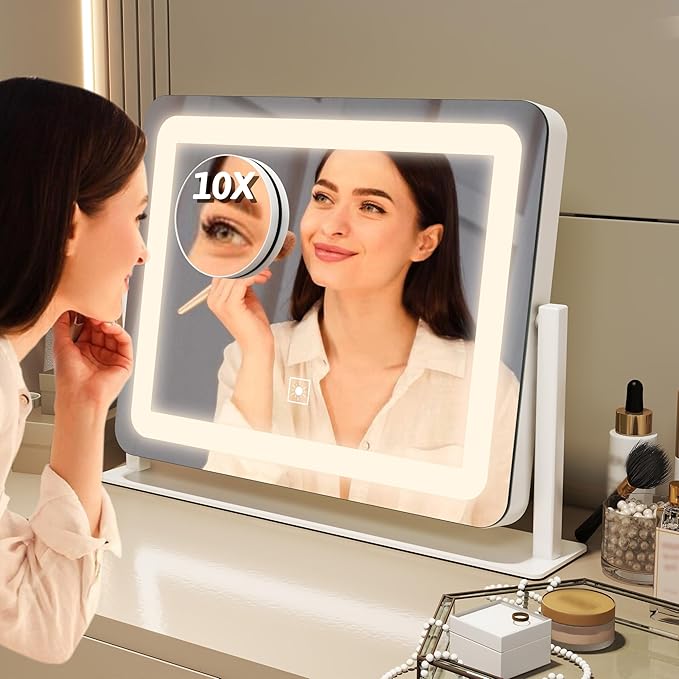 FENNIO Vanity Mirror with Lights, 12" x 16" Lighted Makeup Mirror with Smart Touch Control, 3 Color Modes & Brightness Adjustable, LED Makeup Mirror with 10X Magnification, 360° Rotation for Bedroom
