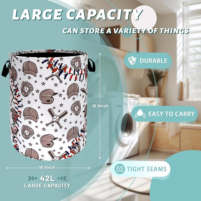 Retro Baseball Laundry Hamper Foldable With Handles Sports Theme Tote Bag Oxford Cloth Funny Laundry Basket Clothes Toy Storage Bucket 18.9"x16.5"For Bathroom/Laundry/Bedroom