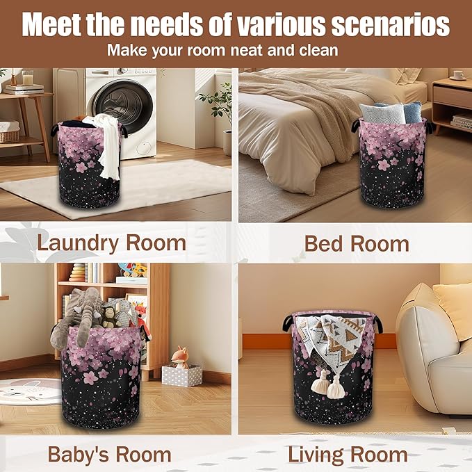 Cherry Blossoms Laundry Basket,Waterproof Foldable Pink Glitter Laundry Hamper,Dirty Clothes Basket, Linen Bin Storage Organizer Collection 16" x 20.8"