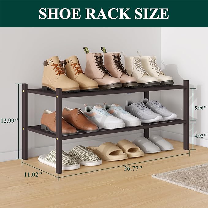 Smiry Bamboo Shoe Rack 2-Tier, Stackable Wooden Shoe Organizer for Entryway & Closet, Free Standing Wood Shoe Storage Shelf for Front Door & Small Spaces, Brown