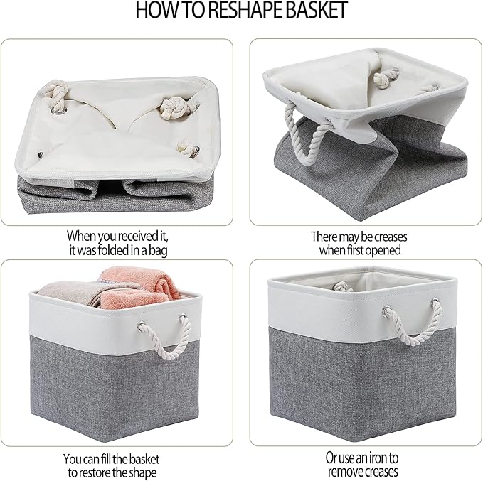 11 x 11 Inch Cube Storage Bins, 6 Pack Large Collapsible Fabric Storage Bin with Ropes, Foldable Storage Cubes for Home, Office,Closet, Clothes, Toys Organizer (White & Grey-11"x11"x11")