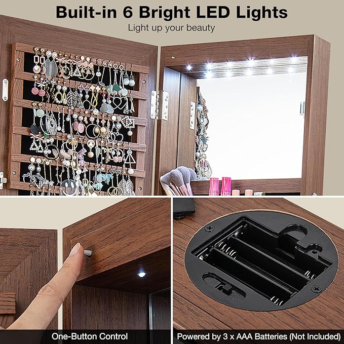 CHARMAID 360° Swivel Jewelry Cabinet Armoire 64.5" H, Full Length Mirror with Jewelry Storage, 6 LEDs Lockable Jewelry Organizer, Rear Storage Shelves, Large Drawer, Hairdryer Holder (Walnut)