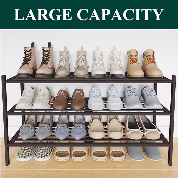 Smiry Long Bamboo Shoe Rack 3-Tier, Stackable Wooden Shoe Organizer for Entryway & Closet, Free Standing Wood Shoe Storage Shelf for Front Door & Small Spaces, Brown