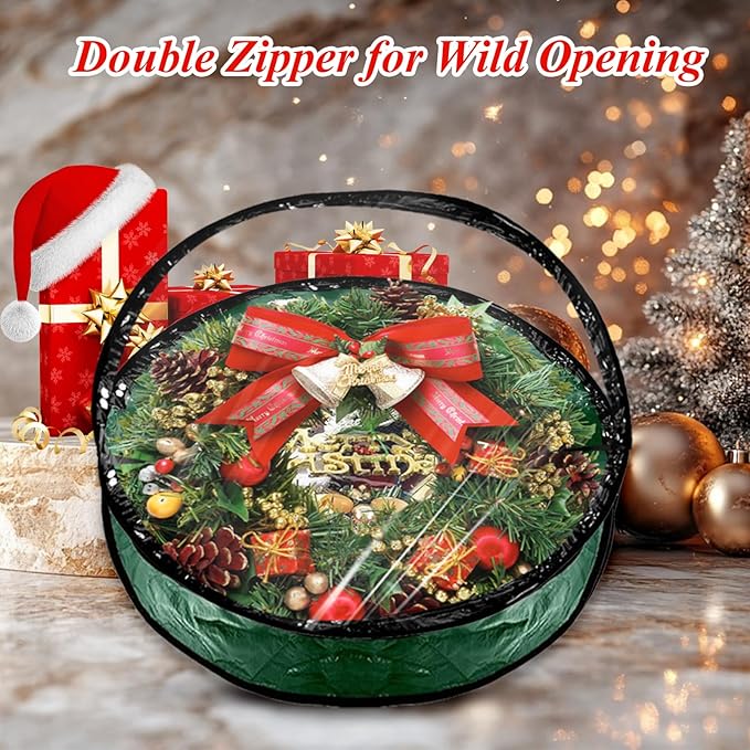 6 Pack Wreath Storage Container 30 Inch Wreath Storage Bag Clear Christmas Wreath Boxes Container with Sturdy Handles for Holiday Seasonal Decoration, Green