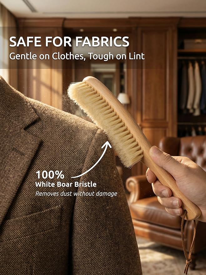 TAKAVU Clothes Brush Hat Brush, White Boar Bristle Lint Brush with Large Beech Wood Handle - Perfect for Pet Hair, Suits, Velvet, Cashmere, Wool, Suede, Shoe - Effective Lint Remover