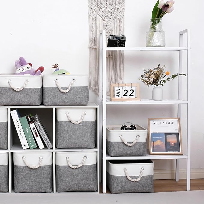 11 x 11 Inch Storage Cubes, 6 Pack Large Collapsible Fabric Storage Bin with Ropes, Foldable Storage Cubes for Home, Office,Closet, Clothes, Toys Organizer (White&Gray)