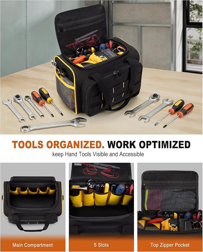 12-inch Tool Bag with Multiple Pockets, Heavy Duty Tool Tote for Men, Black