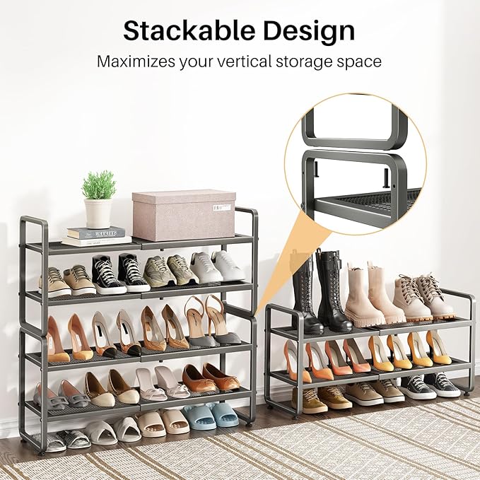 SNTD Shoe Rack - Expandable Shoe Organizer for Closet, Adjustable Metal Shoe Shelf Storage, Stackable Long Shoe Stand Holder for Garage, Entryway, Door Entrance (Grey, 2-Tier)