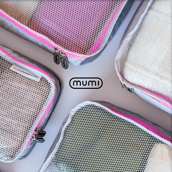 MUMI Packing Cubes - 5 Compression Packing Cubes for Travel, Luggage Organizer Bags for Suitcases, Carry-On, Duffle or Backpack – Mesh, Waterproof Bags for Clothes, Kids & Travel Accessories - Pink