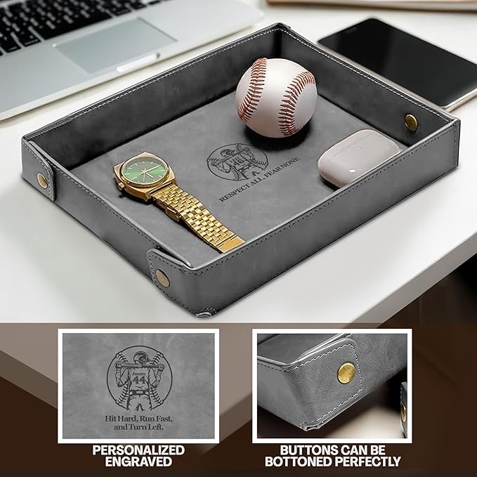 Engraved Baseball Valet Tray –Personalized Leather Catchall with Custom Name –Men’s Nightstand Organizer for Keys, Wallet, Jewelry, and Essentials – Unique Baseball Fan Gift for Home or Office - Grey