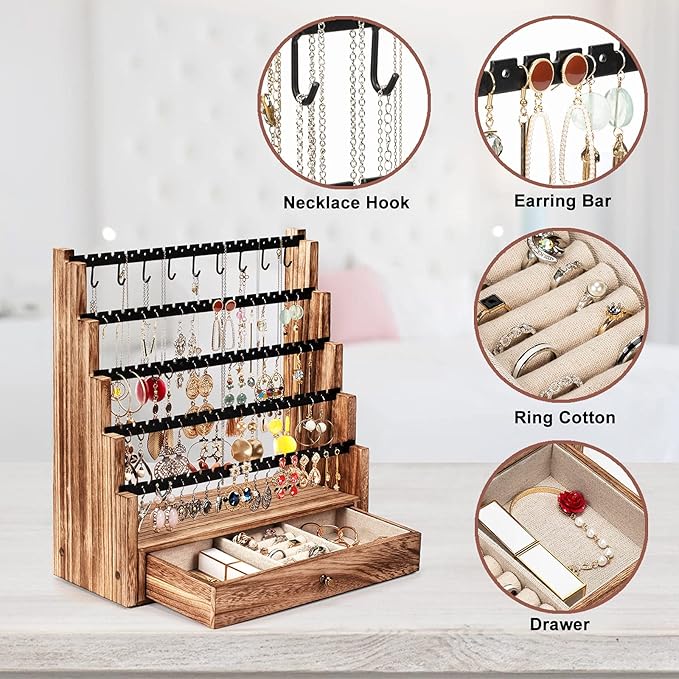 Pinzoveco Earring Organizer, 5 Layer Earring Holder Organizer with Necklace Holder Pole, Rustic Wood Jewelry Organizer Stand Display for Stud Earring Bracelet Necklace Ring, 175 Earring Holes