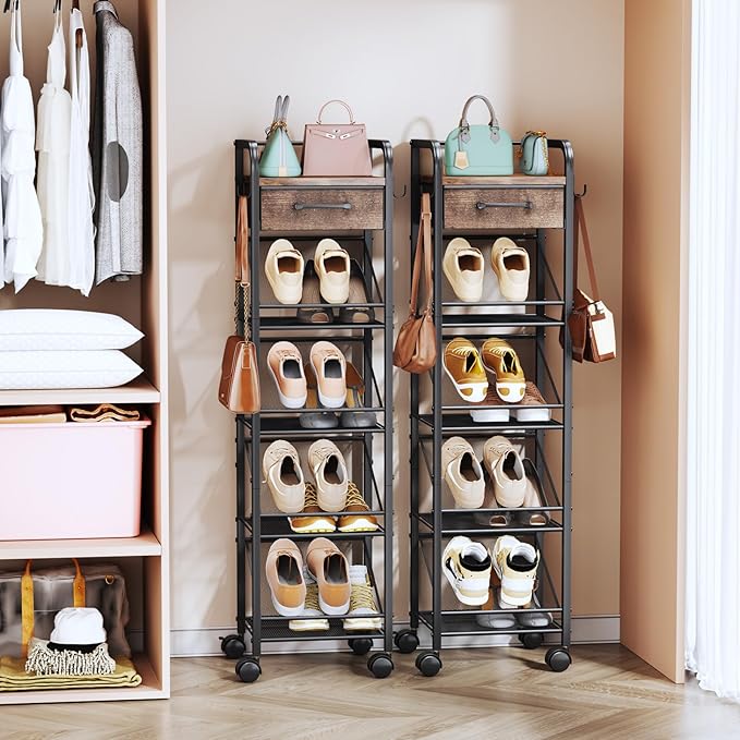 SWTYMIKI Rolling Vertical Shoe Rack - Shoe Tower with Drawer and Hooks, Shoe Storage Organizer for Entryway Closet Bedroom, Space-Saving Wood and Metal Narrow Shoe Shelf, Espresso