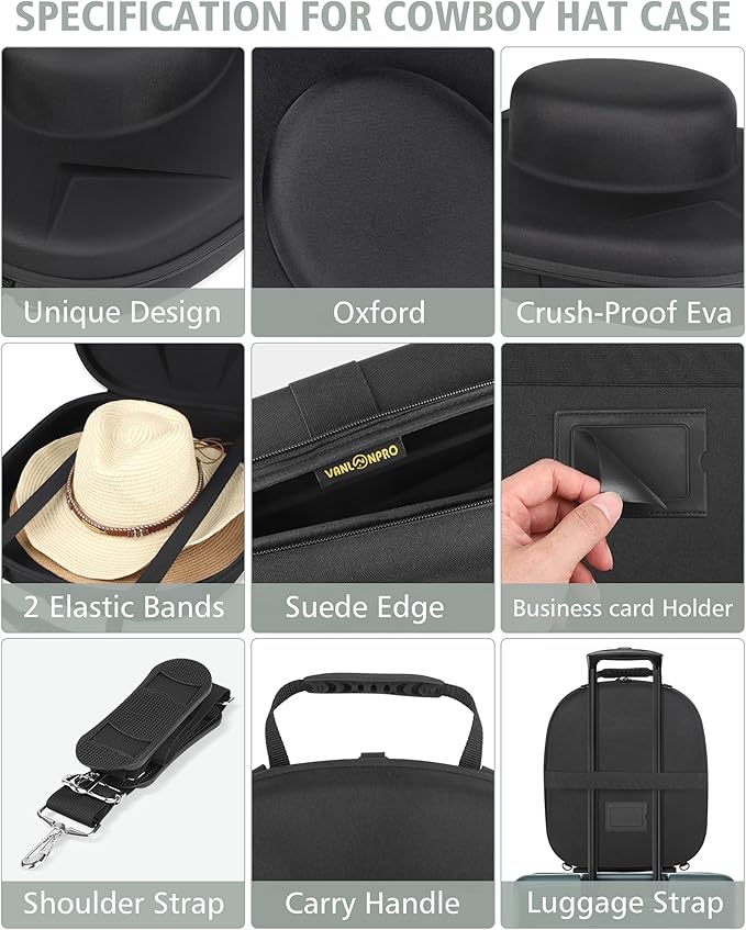 Crush-Proof Travel Hat Case - Hard Shell Carrier for Cowboy, Fedora, Panama & Tweed Hats with Luggage Strap & Handle