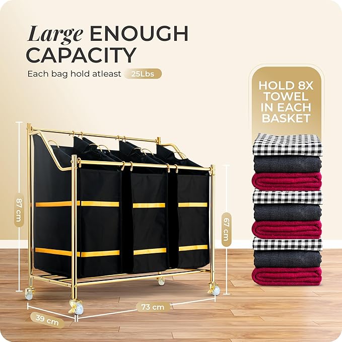 LUXURY STYLE Laundry Hamper, 3-Section Rolling Laundry Sorter Cart with Wheels, Modern Golden Hamper with 3 Bags for Clothes, Toys, and Towels