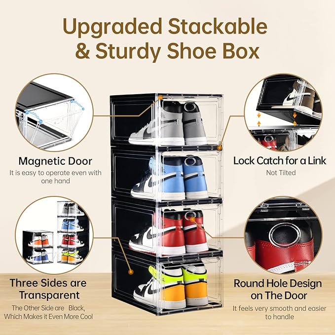 10 Pack Shoe Boxes Stackable,Upgraded Sturdy Storage Boxes with Clear Magnetic Door,Multifunctional Sneaker Organizer Fit up to US Size 12 (13.8”x 9.84”x 7.1”)