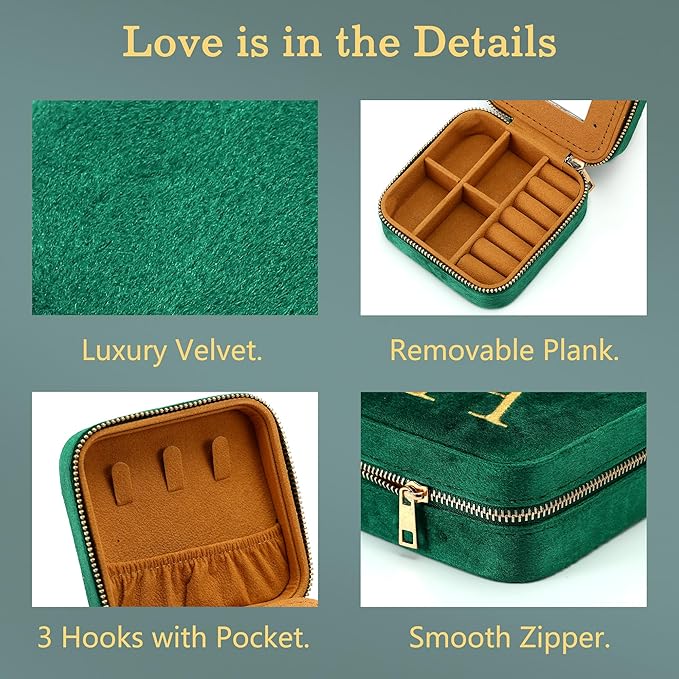 Parima Plush Velvet Travel Jewelry Organizer for Women - Personalized Small Jewelry Boxes Travel Essentials Gifts for Women Mom Friends Birthday Her Bridesmaids Teenage Gifts Idea - Letter I, Green