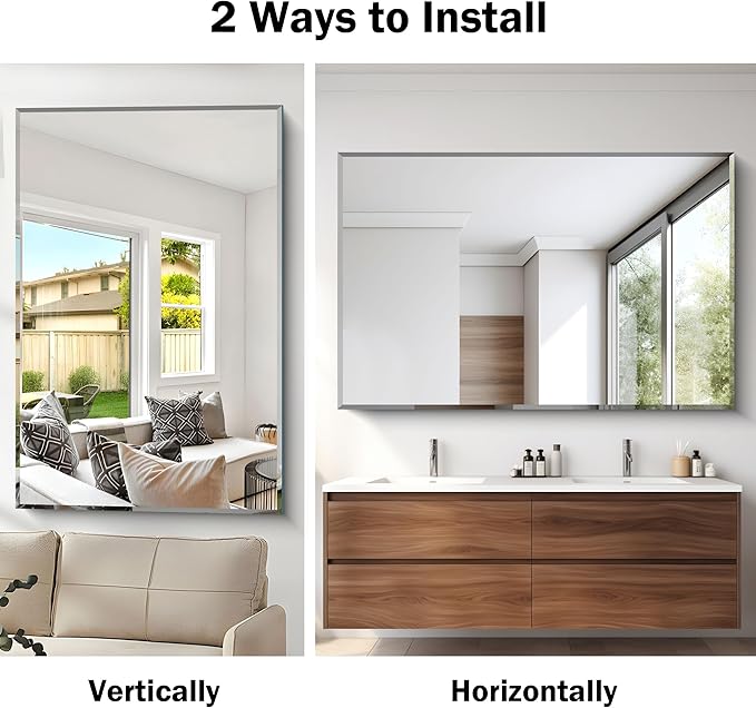 CILIBER Beveled Mirror, 55x36 Large Bathroom Mirrors for Over Sink, Lightweight Design Beveled Frameless Vanity Mirror Wall Mounted, Crystal-Clear 3mm Tempered Glass, Horizontally or Vertically