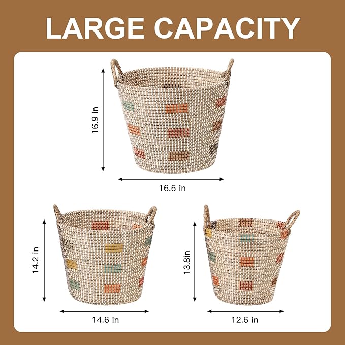 3 Pack Seagrass Storage Baskets for Organizing, Large Storage Bin with Handles, Woven Blanket Basket, Living Room Bedroom Laundry Room Home Decor for Toys Clothes Shoes Plant